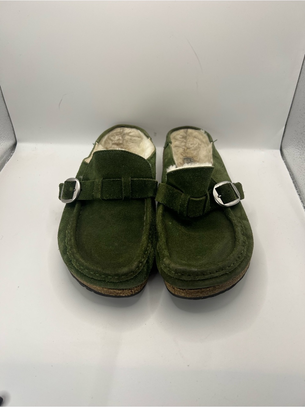 Birkenstock Olive Green Suede Shearling Clogs with Buckle - Picture 6 of 13